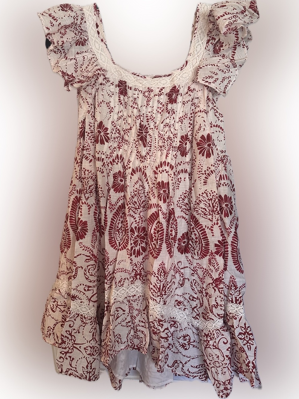 Anthropologie Maeve Red & White Print
Ruffle Lace Babydoll Mini Dress